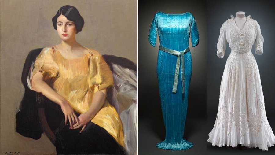 Cuadro del Pintor Joaquín Sorolla que muestra a una mujer sentada en un sillón con un vestido suelto color mostaza. 2 vestidos largos de fiesta de los años 20.